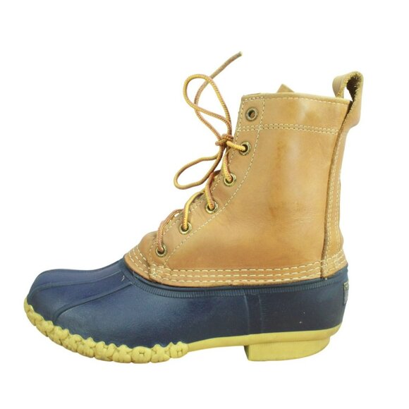 LL Bean Blue Leather 8" Lace Up Unlined Ankle Duck Boots Round Toe Size 7 M - Picture 1 of 10